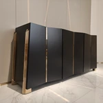 Matte Black Sideboard with Six-Panel Front, Stainless Steel Accents Three Drawers and Interior Shelves